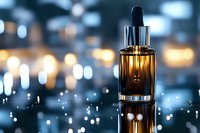 Luxury amber serum bottle with dropper on reflective surface against blurred city lights background for premium skincare and cosmetic products.