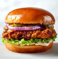 Crispy spicy chicken sandwich with fresh lettuce, red onion rings, and creamy sauce on glossy brioche bun against light background. Perfect for menu design.