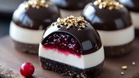 Layered dessert with dark chocolate glaze, white cream, berry filling and chocolate cookie base topped with gold sprinkles on wooden surface, fresh cranberry garnish.