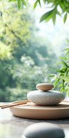 Aromatherapy diffuser on stacked stones with bamboo leaves in soft morning light creates zen atmosphere for spa, wellness, and meditation practices.