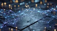 Digital network connections overlay on circuit board with glowing bokeh lights creating futuristic technology concept for AI and data visualization projects.