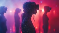 Young woman in virtual reality headset silhouetted against pink and blue neon lights with blurred figures in background creating futuristic gaming atmosphere.