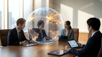 Business professionals in conference room with glowing digital globe network overlay representing global connectivity and international collaboration.