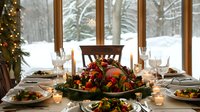 Festive holiday dinner table with roasted turkey centerpiece, candles, and winter forest view through large windows.