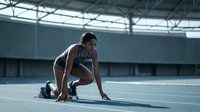 Athletic woman in starting position on running track in modern sports facility ready to sprint during training session.