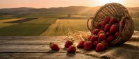 Fresh ripe strawberries spilling from wicker basket on rustic wooden table with golden sunset over agricultural farmland fields in background.