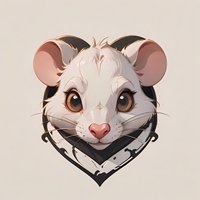 Adorable white mouse character with large expressive brown eyes and pink nose, wearing black and white heart-shaped collar design against neutral background.