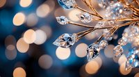 Frost-covered branches with crystalline ice droplets catching warm and cool light, creating a sparkling winter scene with bokeh background.