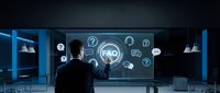Businessman touching FAQ holographic interface in modern office with digital icons and futuristic technology display for customer support solutions.
