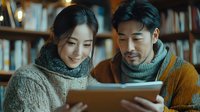 Young Asian couple using digital tablet together in cozy library setting, wearing warm winter sweaters and scarves, sharing intimate moment while browsing content.