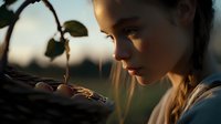 Young woman gently holding small plant seedling in cupped hands during golden hour sunset, symbolizing growth, care, environmental protection and new beginnings.