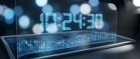 Futuristic digital clock displaying time with holographic blue numbers floating above modern tablet screen with data visualization and bokeh lights background.