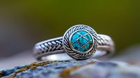 Vintage style silver ring with turquoise stone inlay features intricate braided metalwork pattern and round centerpiece, photographed in natural outdoor setting with soft bokeh background.