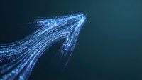 Abstract blue digital data streams flowing with glowing particles and light trails on dark background for technology and futuristic concepts.