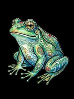 Ornate decorative frog with intricate swirling patterns in green, gold, and blue tones, isolated on transparent background. Ready for t-shirts, stickers, clipart, and print-on-demand designs.