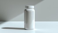 White medicine bottle on minimal white background with soft shadow, pharmaceutical packaging mockup for supplement or prescription drug container.