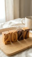 Wooden blocks spelling 2027 on a bamboo board with a cozy background, symbolizing new year goals, planning, and fresh start concepts.