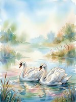 Three white swans glide peacefully across a calm lake surrounded by lush green trees and golden reeds in this serene watercolor landscape painting.