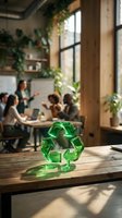 Green recycling symbol hologram on wooden table in modern eco-friendly office with business team meeting in background promoting sustainable practices.