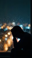 Silhouette of depressed person sitting by rainy window with city lights bokeh background expressing loneliness and mental health struggles at night.