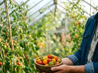 Farmer holding basket of fresh ripe tomatoes in greenhouse with growing plants in background, harvesting organic produce for agriculture and farming business.