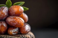Fresh dates fruit pile with green leaves on wooden surface against dark background for healthy snacking and Middle Eastern cuisine recipes.