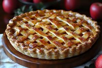 Fresh baked lattice apple pie with golden brown crust on wooden board, garnished with red apples in background, showcasing traditional homestyle baking.