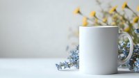 White ceramic mug mockup with blue and yellow wildflowers on light background, perfect for product branding and design presentations.