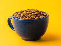 Blue ceramic cup filled with roasted coffee beans against vibrant yellow background, minimalist composition with strong contrast and sharp details.