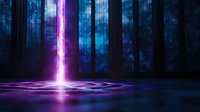Mysterious glowing portal beam in dark forest with purple and blue light effects creating magical atmosphere and reflections on wet ground surface.