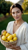 Young Mediterranean woman in white dress holding wicker basket with fresh yellow lemons in garden setting during golden hour, natural makeup and casual updo hairstyle.
