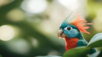 Vibrant turquoise and orange crested parrot portrait with soft bokeh background, close-up view through green leaves showing exotic bird's distinctive beak and eye.