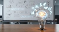 Light bulb with glowing brain and business icons on wooden desk in modern office meeting room for innovation and creative thinking concepts.