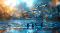 Empty shopping cart on wet surface with dramatic blue and orange bokeh lighting effects in background, creating moody retail atmosphere for business concepts.