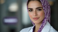 Young Middle Eastern female medical professional wearing purple hijab and white coat smiles confidently at camera, representing diversity in healthcare settings.
