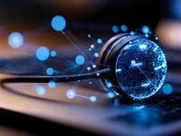 Glowing blue crystal ball with digital network connections and light particles floating in dark space, modern technology concept for future predictions.