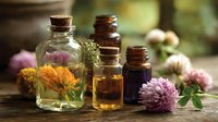 Natural herbal essential oils in glass bottles with fresh clover flowers on rustic wooden table for aromatherapy and wellness treatments.