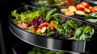 Fresh organic vegetables and greens in modern black serving tray, restaurant buffet style presentation with lettuce, tomatoes and mixed salad ingredients.