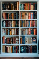 White wooden bookshelf filled with vintage and contemporary hardcover books in various sizes and colors, creating organized rows of literary collection.