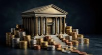Classical bank building with columns surrounded by stacks of golden coins representing financial institution, wealth management, investment banking services.