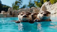 Playful river otters swimming together in crystal clear turquoise water, showing curious expressions while floating on their backs against rocky backdrop.