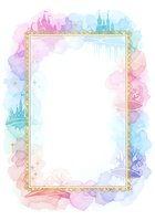 Watercolor fairy tale frame with golden border and castle silhouettes in pastel colors for invitations and greeting cards.