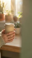Hands holding eco-friendly bamboo coffee cup in cozy home interior with plants and warm natural light streaming through window for sustainable living.