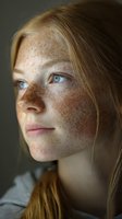 Close-up profile portrait of young woman with freckles and blonde hair against dark background, showcasing natural beauty and contemplative expression.