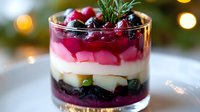 Layered berry trifle dessert in glass with cream, fresh cranberries and rosemary garnish against festive bokeh lights background, winter holiday sweet treat.