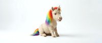 White puppy wearing colorful rainbow unicorn horn and mane costume on clean background. Adorable dog in fantasy outfit for pet accessories and costumes.