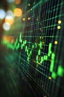 Digital stock market graph showing upward trend with green numbers and bokeh light effects in background, suitable for financial technology concepts.