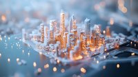 Glowing miniature cityscape with illuminated skyscrapers and bokeh lights creating magical urban atmosphere at dusk. Modern metropolis architecture in soft focus.