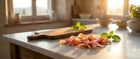 Thinly sliced prosciutto with fresh basil leaves on a marble countertop beside a wooden cutting board in a sunlit kitchen.