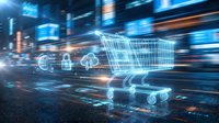 Digital shopping cart with security lock icons on futuristic highway representing secure e-commerce and online retail technology solutions for business.